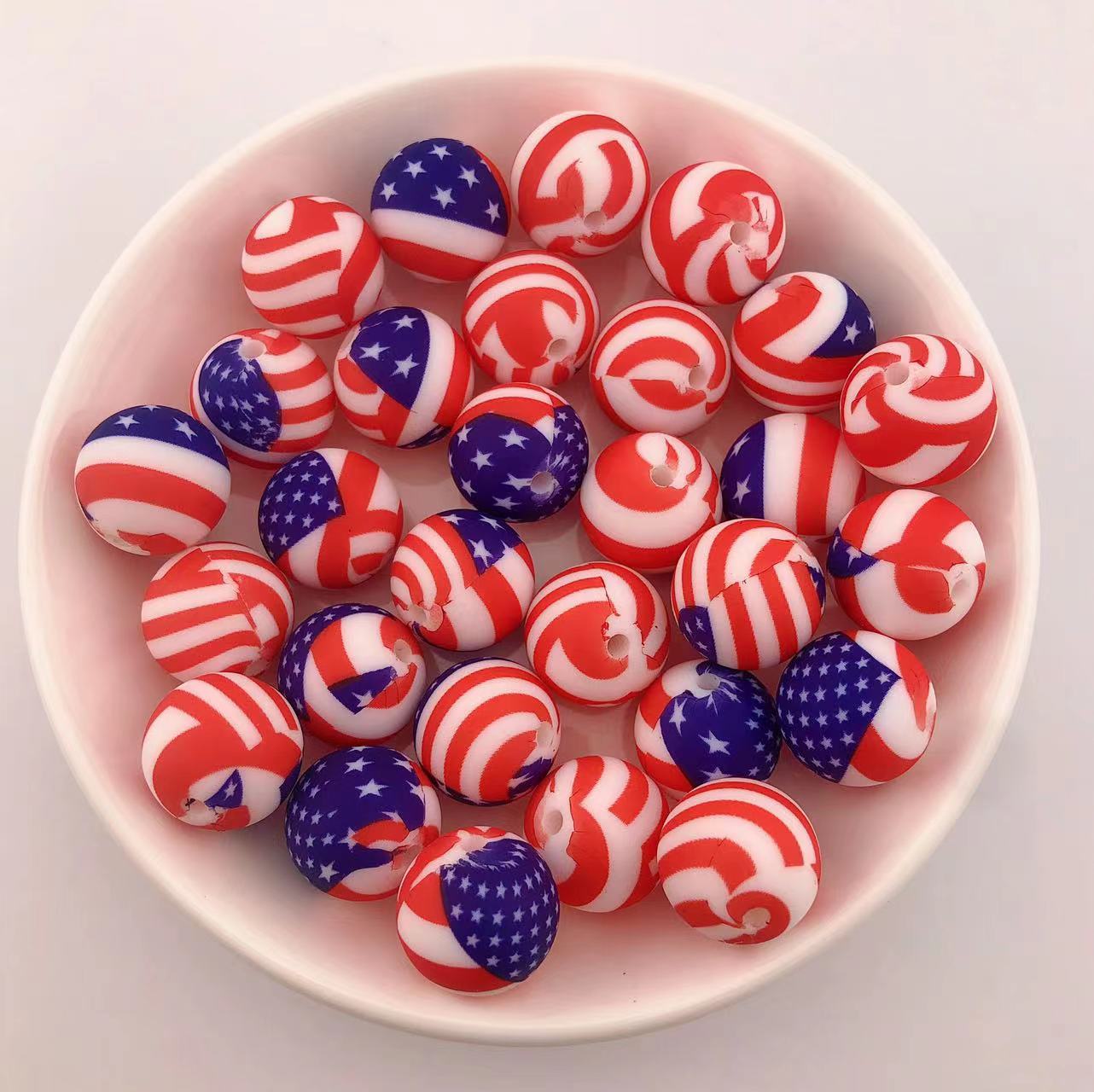 PS116 USA Flag Printed Silicone Beads 15mm